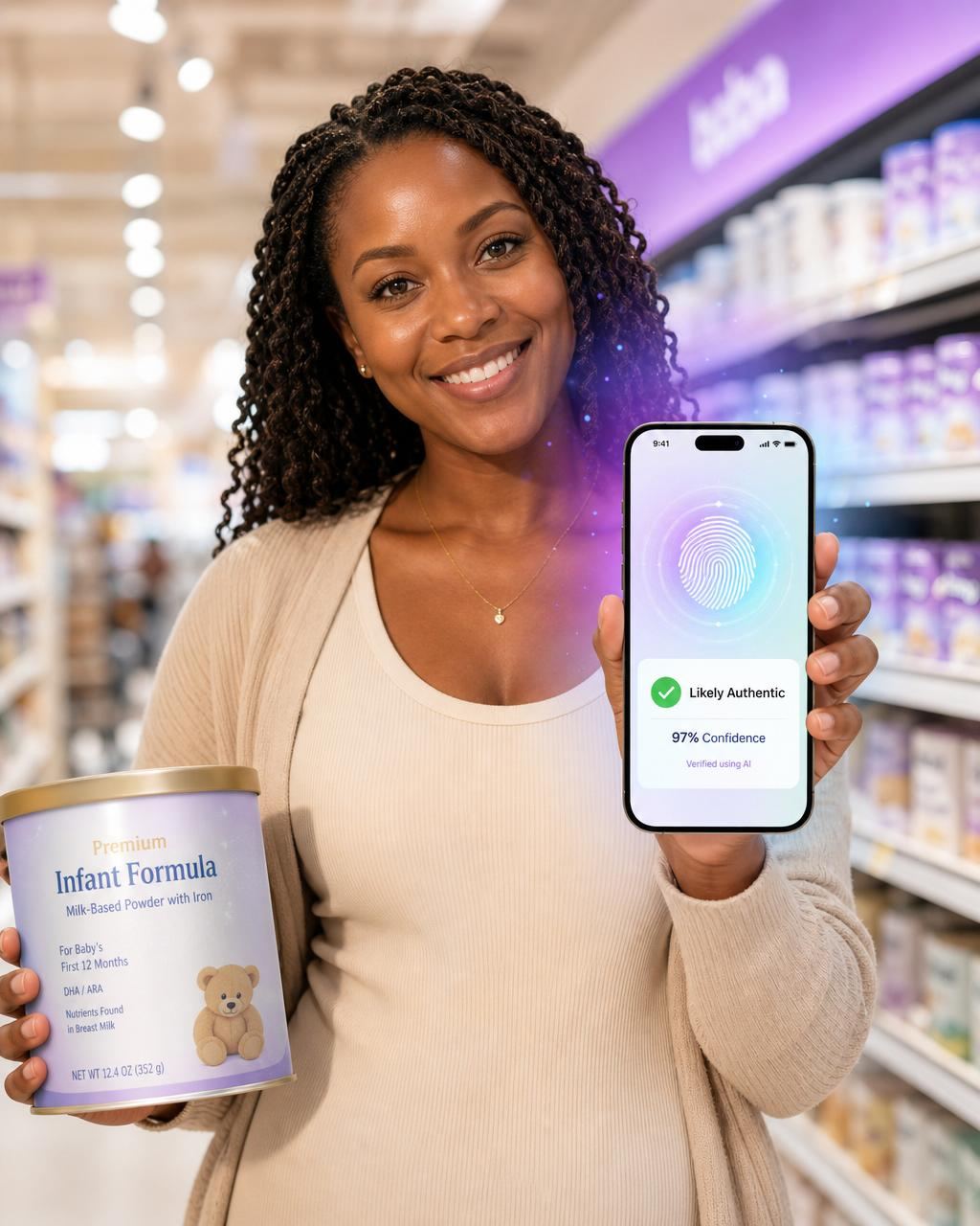 Shopper verifying baby formula with Gemino on her phone